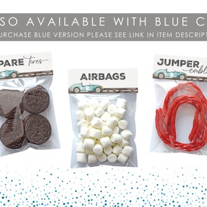 May include: Three clear plastic bags with labels and different treats inside. The labels are for a race car themed party and say "Spare Tires", "Airbags", and "Jumper Cables". The bags contain chocolate sandwich cookies, mini marshmallows, and red licorice twists.