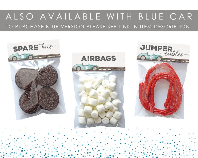 May include: Three clear plastic bags with labels and different treats inside. The labels are for a race car themed party and say "Spare Tires", "Airbags", and "Jumper Cables". The bags contain chocolate sandwich cookies, mini marshmallows, and red licorice twists.