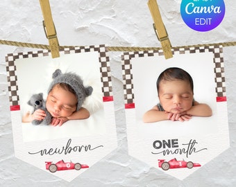 May include: Two printable baby milestone cards with a checkered racing flag background. The cards feature a red race car with a number on it. The first card says "newborn" and the second card says "one month".