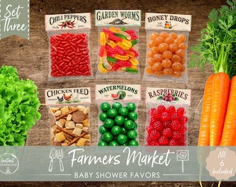 Adornos imprimibles para recuerdos de baby shower con temática de mercado de agricultores. Adornos para bolsas de dulces para recuerdos de baby shower de Little Sprout, cultivados localmente. Descarga instantánea en PDF.
