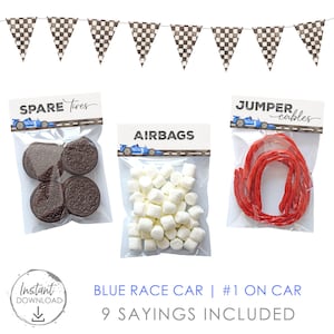 May include: A set of nine printable favour bags for a race car themed party. The bags are decorated with chequered flags and blue race cars. The bags are labelled with phrases like "Spare Tyres", "Airbags", and "Jumper Cables".