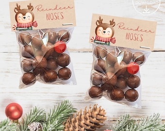 Op de afbeelding: Twee doorzichtige cellofaan zakjes gevuld met chocoladesnoepjes, met het label "Reindeer Noses". Elke zak heeft een bruin label met een cartoon rendier illustratie en rode tekst. Rode ballen, dennennaalden en een dennenappel staan op de achtergrond.
