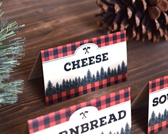 Lumberjack Party Food Tent Cards, Name Cards, Buffalo Plaid Camping Theme Table Decorations, Birthday or Baby Shower Buffet Labels, Wild One