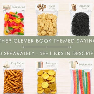 Multiple book themed party favor treat bag toppers showing other literary sayings sold separately