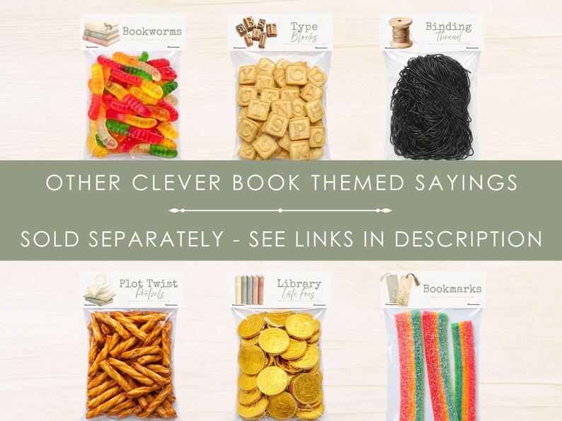 Multiple book themed party favor treat bag toppers showing other literary sayings sold separately