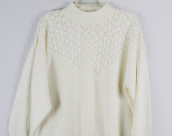 Vintage Grandma Sweater Plus 1X Crocheted Mock Neck Ivory Pullover