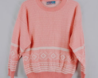 VTG 80s Pink Geo Knit Sweater Kawaii Pastel Vapor Wave Fairy Kei  Large