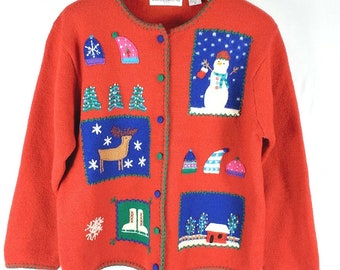 Vintage Marisa Christina Christmas Cardigan Sweater Medium Red Wool Gifts Skates