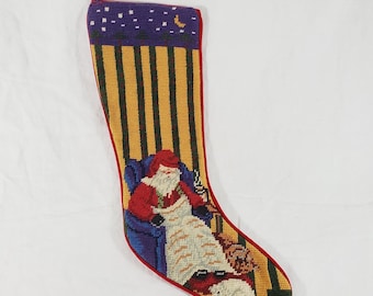 Vintage Needlepoint  Christmas Stocking Santa Cozy in Chair w Cat