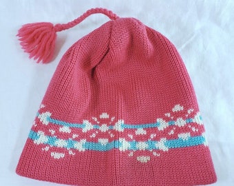 Vintage Smiley Wool Ski Hat Pink Aqua Snowflake w Tassel Made in USA