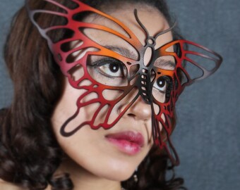 Butterfly leather mask in Orange, Red and Black