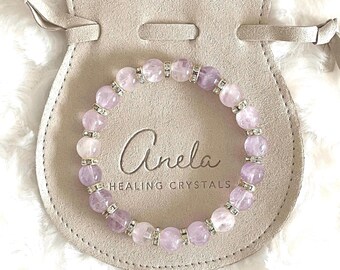 Pulsera de cristal curativo de amatista y lavanda - Pulsera de cuentas de piedras preciosas - Piedra natal de febrero - Regalo para amantes de los cristales