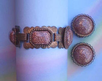 Vintage 50s Bracelet Earrings Copper with Confetti Glass Cabochons