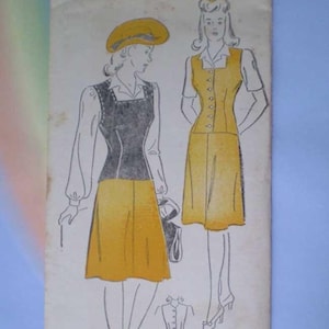 May include: Vintage fashion illustration featuring two women in stylish outfits. One figure wears a black top over a yellow skirt, paired with a matching hat. The other model is in a yellow dress with a button-up front. The drawing is in black, white, and yellow.