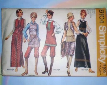 May include: A Simplicity 9104 sewing pattern envelope for junior size 7, bust 31, waist 22.5. The illustration displays five outfits featuring various combinations of long dresses, tunics, vests, and pants in red, blue, black, and white patterns.