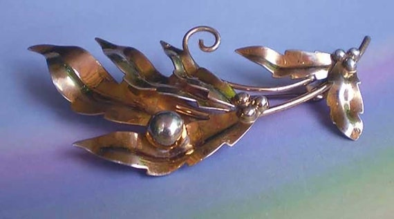 Vintage 40s Pin Sterling Silver Vermeil Leaf Berr… - image 3