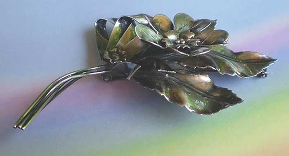 Vintage 40s Sterling Silver Flower Leaf and Bow P… - image 3