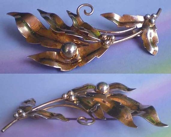 Vintage 40s Pin Sterling Silver Vermeil Leaf Berr… - image 2