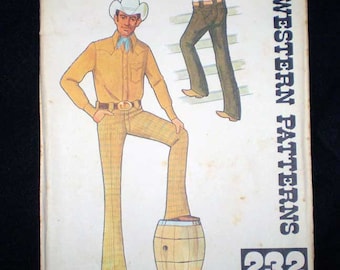 May include: A sewing pattern envelope titled Authentic Patterns, Inc. Western Patterns 232. The illustration shows a figure wearing a white cowboy hat, a yellow long-sleeve button-down shirt, a blue neckerchief, and plaid trousers resting a foot on a barrel.