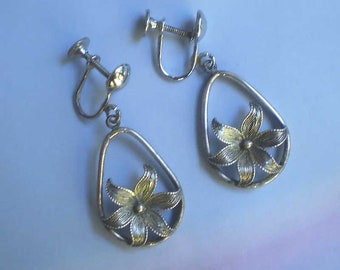 Vintage 50s Sterling Silver Screwback Earrings Stylized Lily