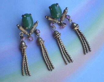 Vintage 40s Art Glass Tassel Clip On Earrings