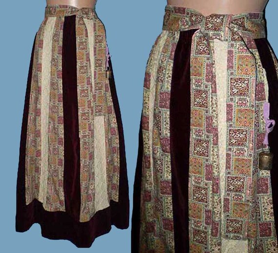 Blue and Red Vintage Floor Length Quilted Skirt with Novelty Print ML 1970s Patchwork Panel Maxi Skirt by Chessa Davis