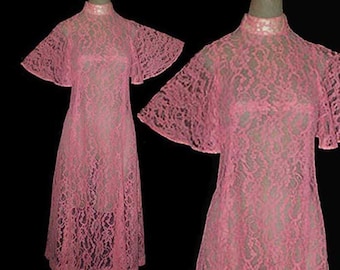 Vintage 60s Pink Lace Dress Flutter Sleeves XS