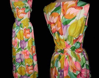 Vintage 60s Maxi Dress Park East Swirl Tulips Floral Print S