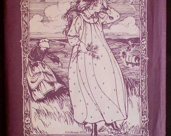 Może przedstawiać: Fioletowa okładka książki z czarno-białą ilustracją kobiety w długiej sukni trzymającej kwiaty. Tekst "PRAIRIE DRESS" znajduje się na dole. Ilustracja jest obramowana kwiatowym obramowaniem.