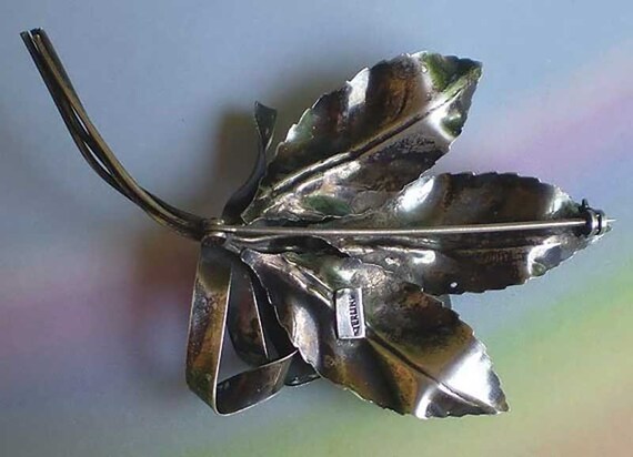 Vintage 40s Sterling Silver Flower Leaf and Bow P… - image 4