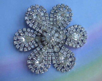 Vintage 50s Large Sparkling Clear Rhinestone Flower Petal Pin