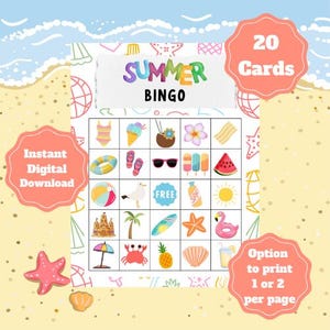 Jogo de Bingo de Verão para Imprimir – 20 Cartões Exclusivos para Crianças, Família, Acampamento ou Sala de Aula – Atividade Divertida de Verão para Baixar em PDF