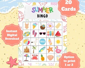 Juego de bingo de verano imprimible: 20 tarjetas únicas para niños, familias, campamentos o aulas. Descarga PDF de actividad divertida de verano.
