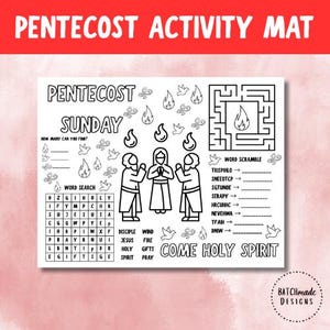 Pentecost Sunday Activity Mat for Kids | Holy Spirit Printable Placemat | Catholic Coloring & Games Page | Christian Sunday School Activity