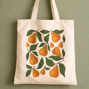 Golden Pear Tote Bag | Botanical Fruit Print | Farmers Market Canvas Tote | Garden Lover Gift