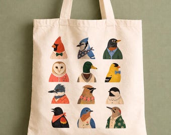 Bird Lover Tote Bag | Colorful Animal Portraits | Quirky Nature Canvas Bag | Artsy Birdwatching Gift