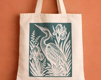 Heron Tote Bag | Vintage Bird Floral Print | Linocut Nature Illustration | Bird Watcher Gift