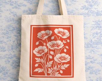 Botanical Block Print Tote Bag | Vintage Floral Art | Colorful Flower Canvas Tote