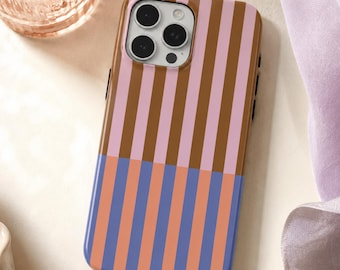 Striped Phone Case | Pink Brown Blue & Orange Colorblock | Retro Geometric Pattern | Tough iPhone Case