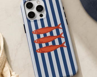 Sardine Phone Case | Coastal Fish Design | Mediterranean Stripes | Nautical Summer Style | Tough iPhone Case