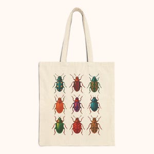 Beetle Tote Bag | Colorful Insect Print | Vintage Entomology Aesthetic | Nature Lover Canvas Tote | Fun Quirky Reusable Cotton Shopping Bag
