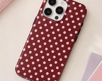 Polka Dot Phone Case | Burgundy & Pink Pattern | Retro Feminine Style | Glossy Tough iPhone Case