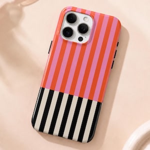 Striped Phone Case | Pink & Orange Stripes | Black and White Pattern | Glossy Tough iPhone Case