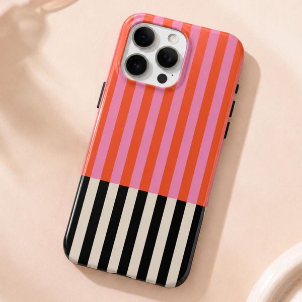Striped Phone Case | Pink & Orange Stripes | Black and White Pattern | Glossy Tough iPhone Case
