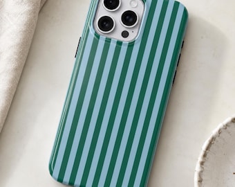 Striped Phone Case | Blue & Green Preppy Stripe Pattern | Glossy Tough iPhone Case