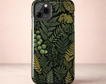 Botanical Phone Case | Dark Green Fern & Leaf Print | Forestcore Nature Pattern | Tough iPhone Case