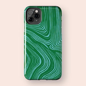 Wavy Line Phone Case | Green & Blue Swirl Pattern | Abstract Stripe Aesthetic | Artsy Modern Look | Glossy Tough Case for iPhone 7-16