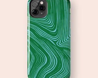 Wavy Lines Phone Case | Green & Blue Abstract Swirl Pattern | Glossy Tough iPhone Case