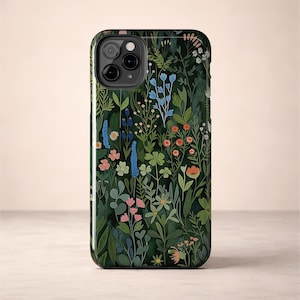 Dark Botanical Phone Case | Whimsical Forest Wildflower Print | Cottagecore Accessory | Glossy Tough iPhone Case immagine 1