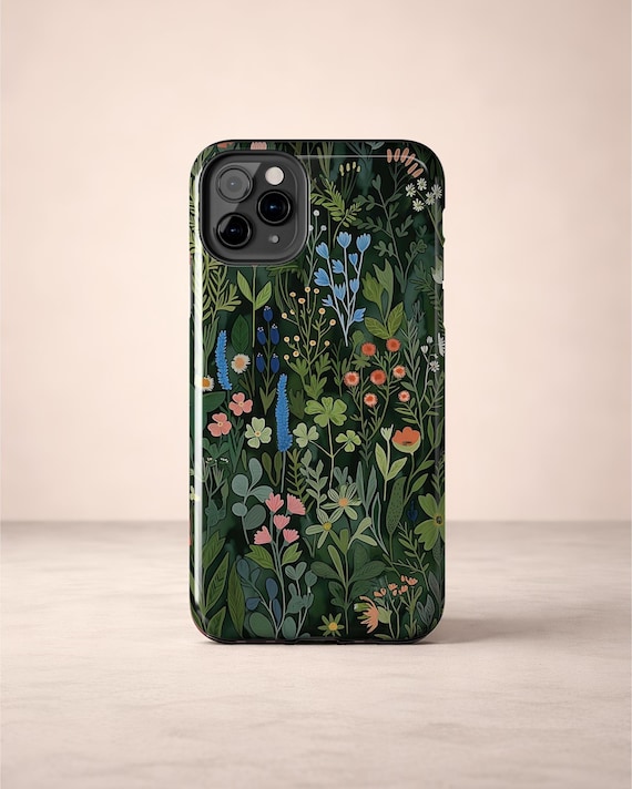 Dark Botanical Phone Case | Whimsical Forest Wildflower Print | Cottagecore Accessory | Glossy Tough iPhone Case